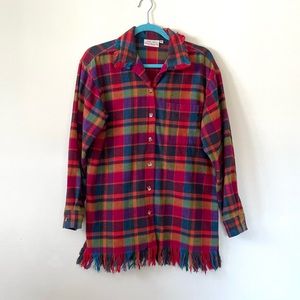 Vintage 80s Susan Bristol Mutli Color Fringe Plaid Heavy Flannel Jacket Size 4